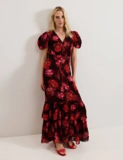 Amaris Floral V-Neck Puff Sleeve Maxi Tiered Dress