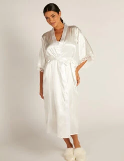 Amelia Satin Lace Trim Wide Sleeve Robe