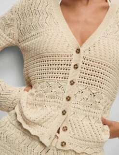 Cotton Blend Pointelle V-Neck Button Front Cardigan -Cyberjammies Store Cotton Blend Pointelle V Neck Button Front Cardigan 4