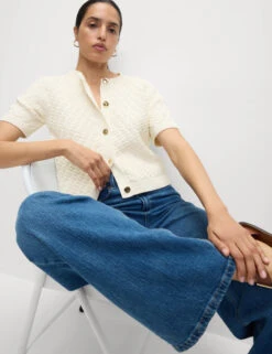 Cotton Blend Textured Button Front Cropped Cardigan -Cyberjammies Store Cotton Blend Textured Button Front Cropped Cardigan 2