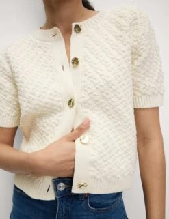 Cotton Blend Textured Button Front Cropped Cardigan