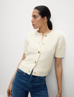 Cotton Blend Textured Button Front Cropped Cardigan -Cyberjammies Store Cotton Blend Textured Button Front Cropped Cardigan 5