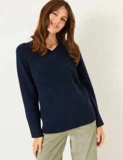 Cotton Blend V-Neck Bouclé Jumper