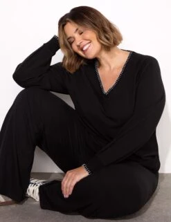 Cotton Rich Blanket Stitch V-Neck Sweatshirt