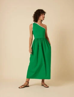 Cotton Rich Embroidered One Shoulder Midaxi Swing Dress