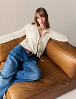 Cotton Rich Pointelle V-Neck Tie Front Relaxed Cardigan