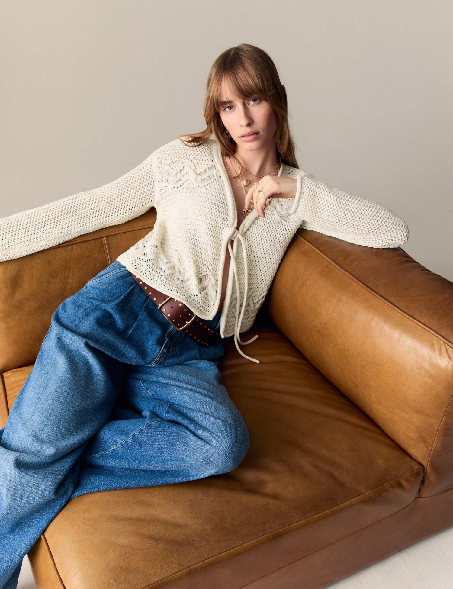 Cotton Rich Pointelle V-Neck Tie Front Relaxed Cardigan 1 Cotton Rich Pointelle V-Neck Tie Front Relaxed Cardigan