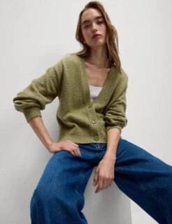 Cotton Rich Textured V-Neck Relaxed Cardigan