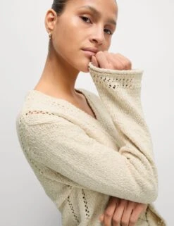 Cotton Rich Textured V-Neck Slub Jumper