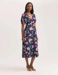 Crepe V-Neck Button Through Midi Tea Dress
