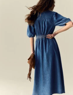 Denim V-Neck Button Through Midi Waisted Dress -Cyberjammies Store Denim V Neck Button Through Midi Waisted Dress 3