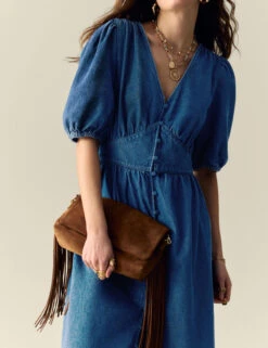 Denim V-Neck Button Through Midi Waisted Dress -Cyberjammies Store Denim V Neck Button Through Midi Waisted Dress 4