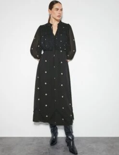 MONSOON Embroidered Tie Neck Midi Skater Dress