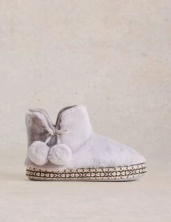 WHITE STUFF Faux Fur Pom Pom Slipper Boots