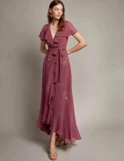 MONSOON Floral Embellished V-Neck Midi Wrap Dress