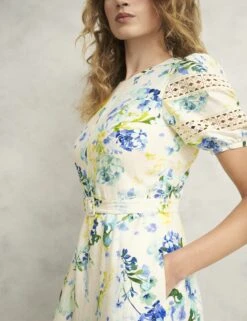 Floral Midi Skater Dress With Linen -Cyberjammies Store Floral Midi Skater Dress with Linen 4
