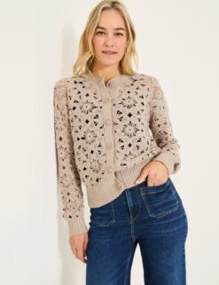 Floral Open Knit Crew Neck Cardigan