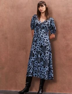 Floral V-Neck Ruched Midi Tea Dress