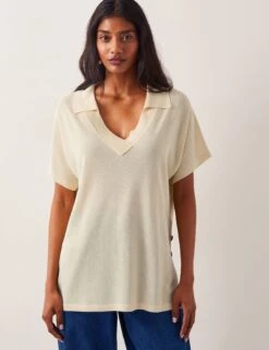 MONSOON Knitted Collared V-Neck Top With Linen