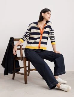 Lambswool Rich Striped Button Front Relaxed Cardigan