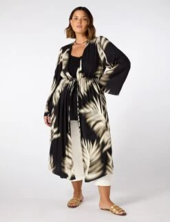 Leaf Print Drawstring Waist Longline Kimono
