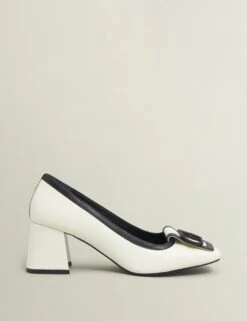 Leather Block Heel Square Toe Court Shoes