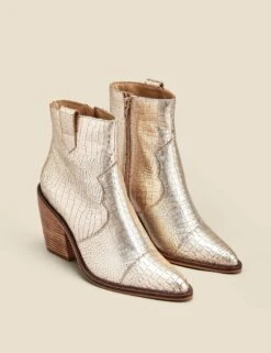 Leather Cow Boy Croc Block Heel Ankle Boots -Cyberjammies Store Leather Cow Boy Croc Block Heel Ankle Boots 3