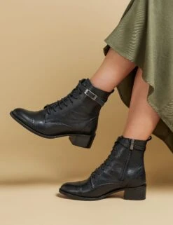 Jones Bootmaker Leather Lace Up Block Heel Ankle Boots