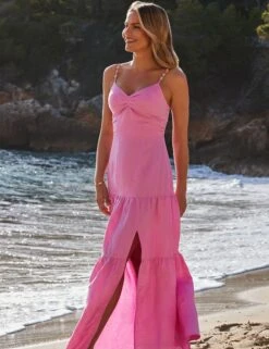 Linen Rich V-Neck Maxi Tiered Dress