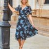 Floral V-Neck Tie Waist Midi Wrap Dress