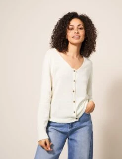 WHITE STUFF Cotton Rich Knitted V-Neck Cardigan