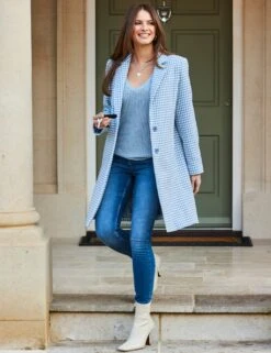 Wool Blend Dogtooth Single Breasted Coat