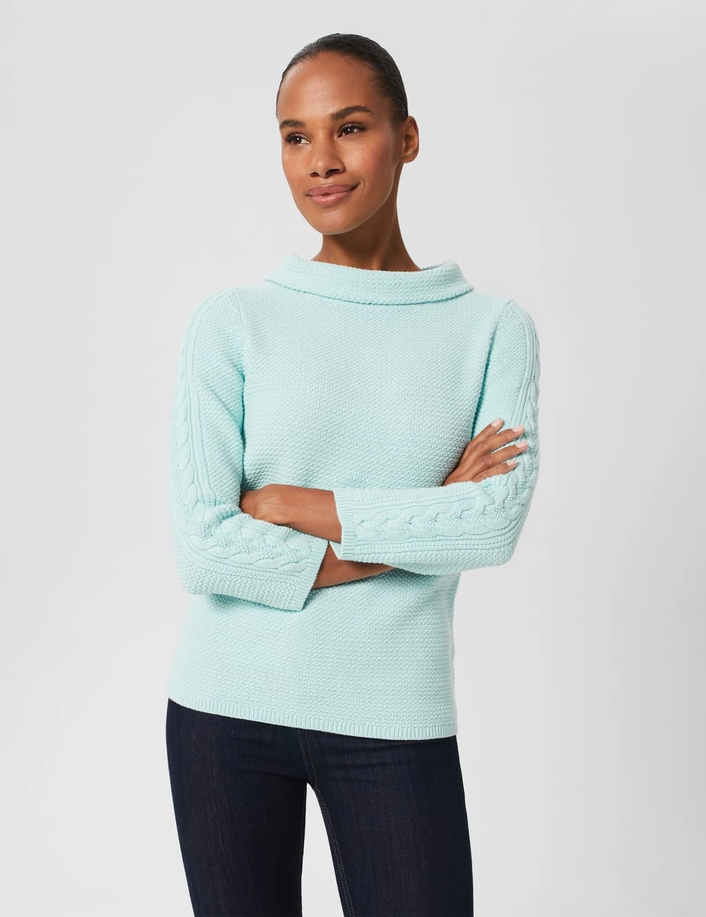 Pure Cotton Cable Knit Funnel Neck Jumper 1 Pure Cotton Cable Knit Funnel Neck Jumper