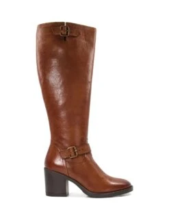 Dune London Leather Buckle Block Heel Knee High Boots