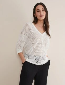 Linen Rich Pointelle V-Neck Jumper