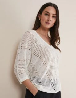 Linen Rich Pointelle V-Neck Jumper 8 Linen Rich Pointelle V-Neck Jumper -Cyberjammies Store MS 10 T83 8801T KY X EC 1