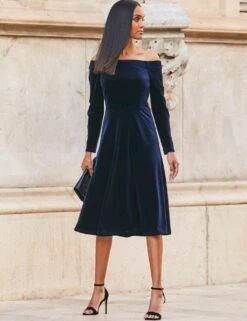 Velvet Embellished Bardot Knee Length Dress