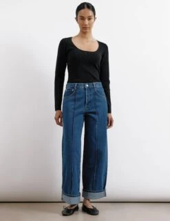 Mid Rise Pintuck Wide Leg Turn Up Jeans