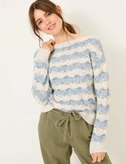Pointelle Striped Slash Neck Jumper