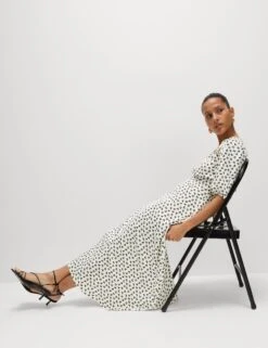 Printed V-Neck Puff Sleeve Midi Tea Dress