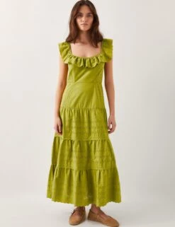 MONSOON Pure Cotton Broderie Square Neck Tiered Dress
