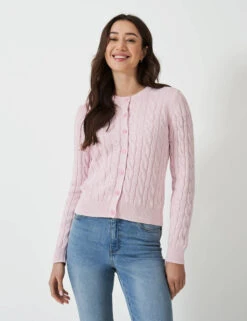 Pure Cotton Cable Knit Crew Neck Cardigan