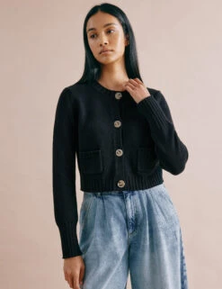 Pure Cotton Crew Neck Cropped Cardigan