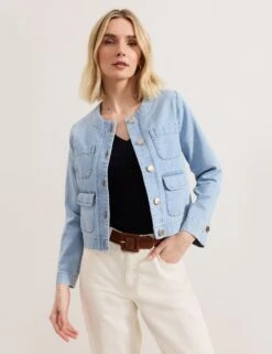 Pure Cotton Denim Collarless Jacket