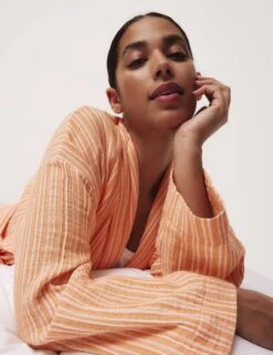 Pure Cotton Muslin Striped Dressing Gown -Cyberjammies Store Pure Cotton Muslin Striped Dressing Gown 2