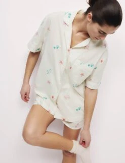 Pure Cotton Revere Embroidered Shortie Set