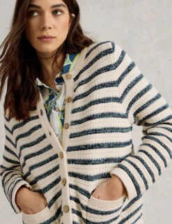 WHITE STUFF Pure Cotton Striped Crew Neck Cardigan