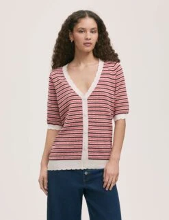 Pure Cotton Striped Short Sleeve Cardigan