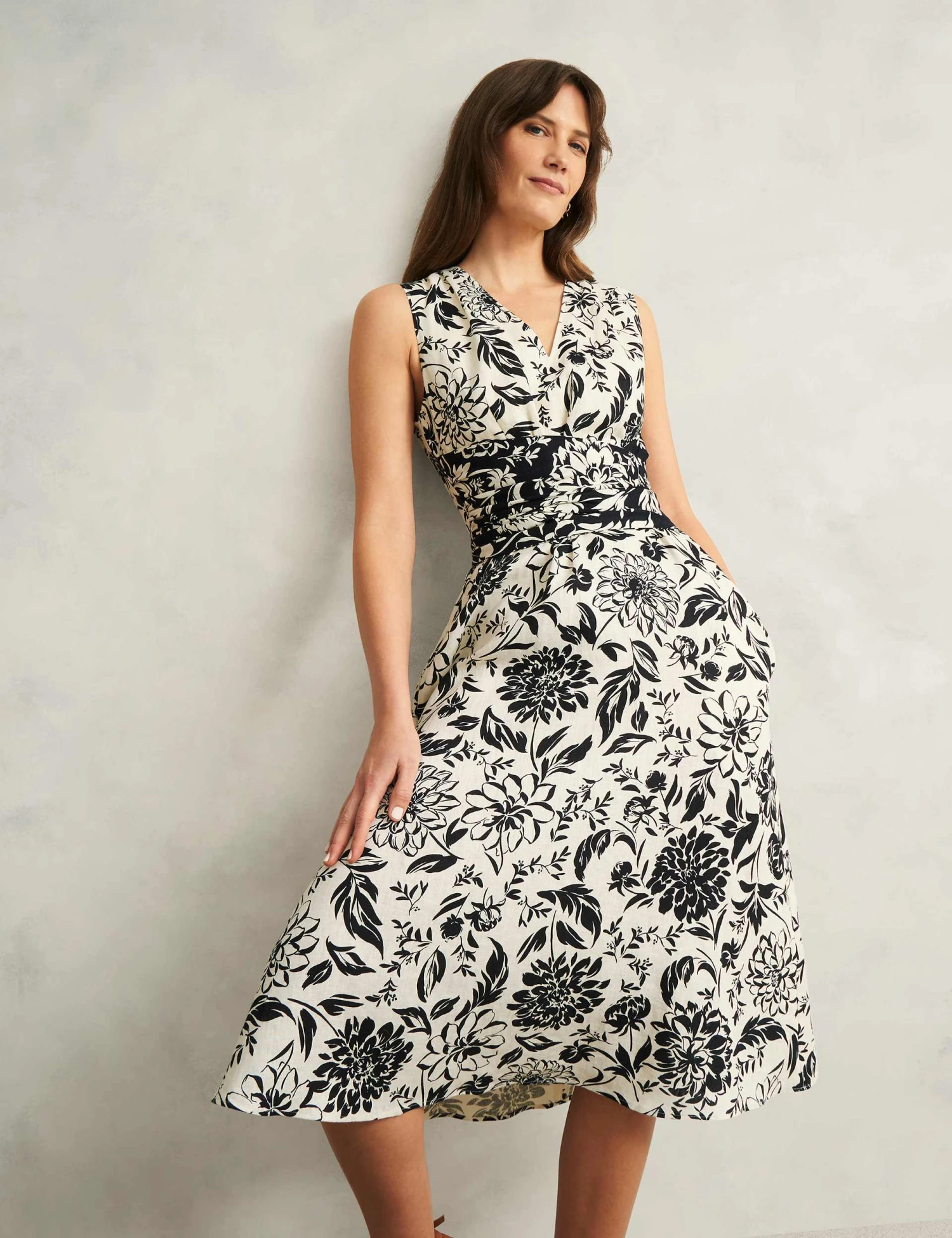 Pure Linen Floral V-Neck Midi Skater Dress 4 Pure Linen Floral V-Neck Midi Skater Dress - Image 4