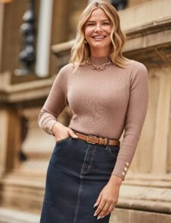 Ribbed Button Detail Fitted Jumper